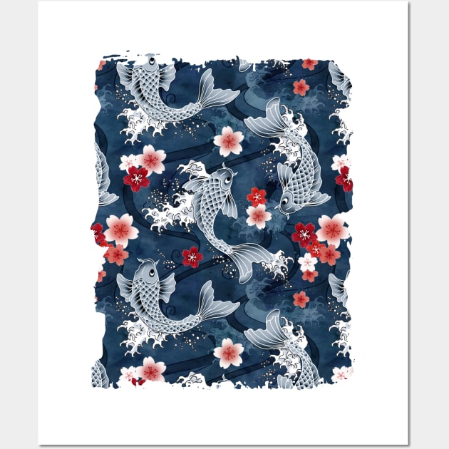 Koi sakura blossom in blue Wall Art by adenaJ